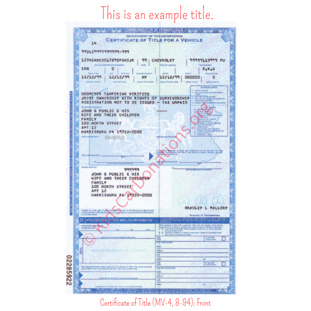 This is an Example of Pennsylvania Certificate of Title (MV-4, 8-94) Front View | Kids Car Donations
